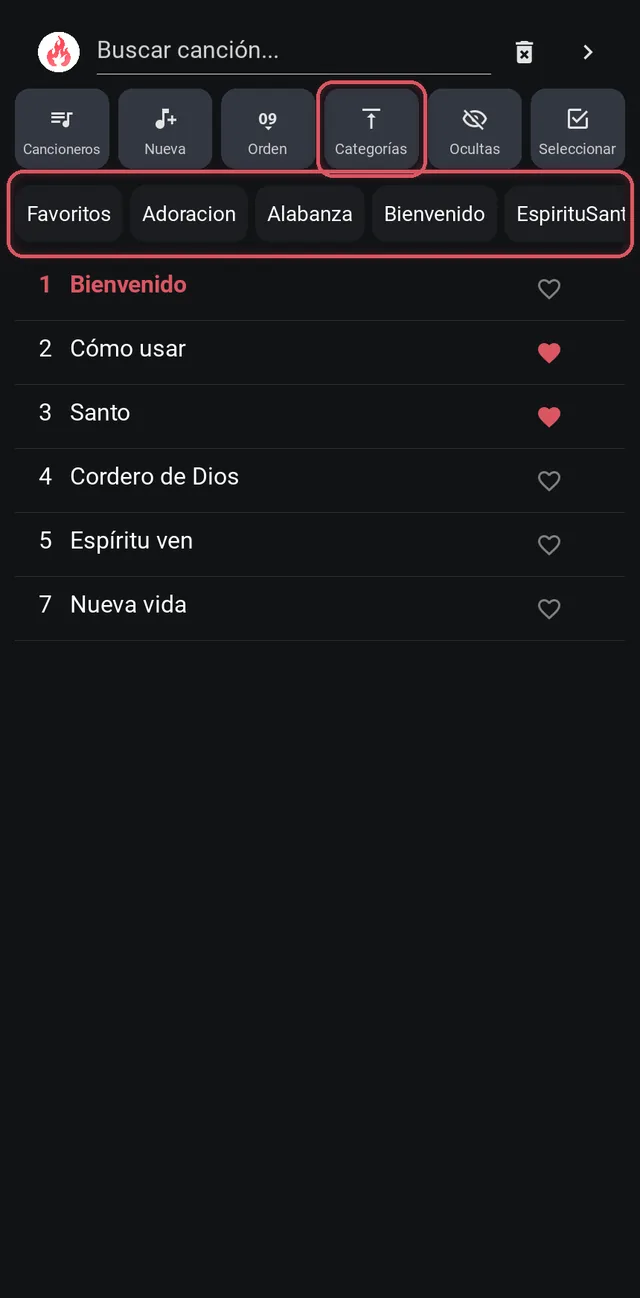 Categorías en una fila arriba