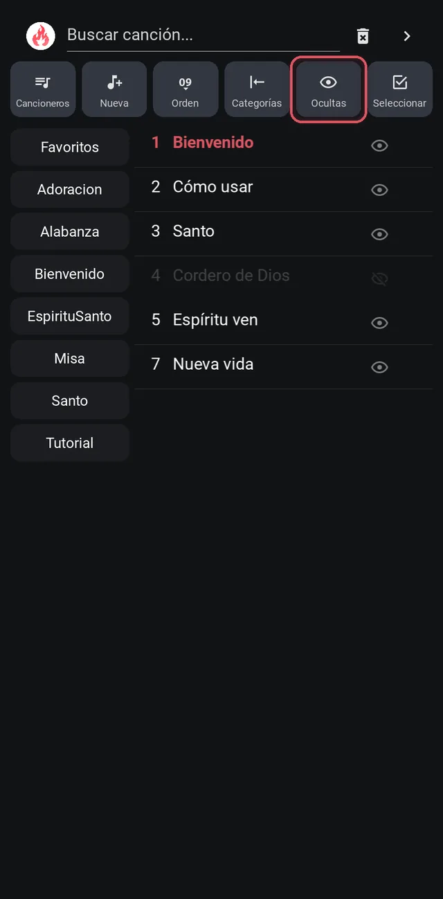 Lista con Ocultas activado: ojos en lugar de corazones y una canción oculta