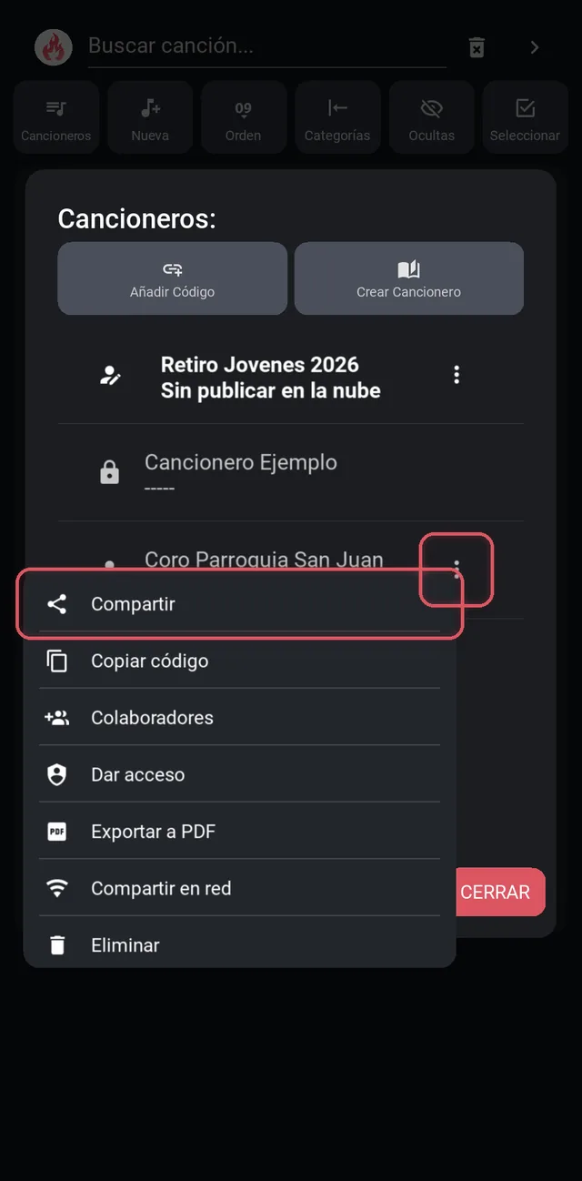 Menú del cancionero con los tres puntos y Compartir resaltados