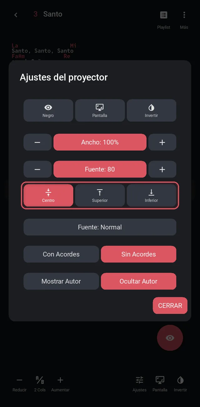 Ajustes del proyector con la alineación resaltada
