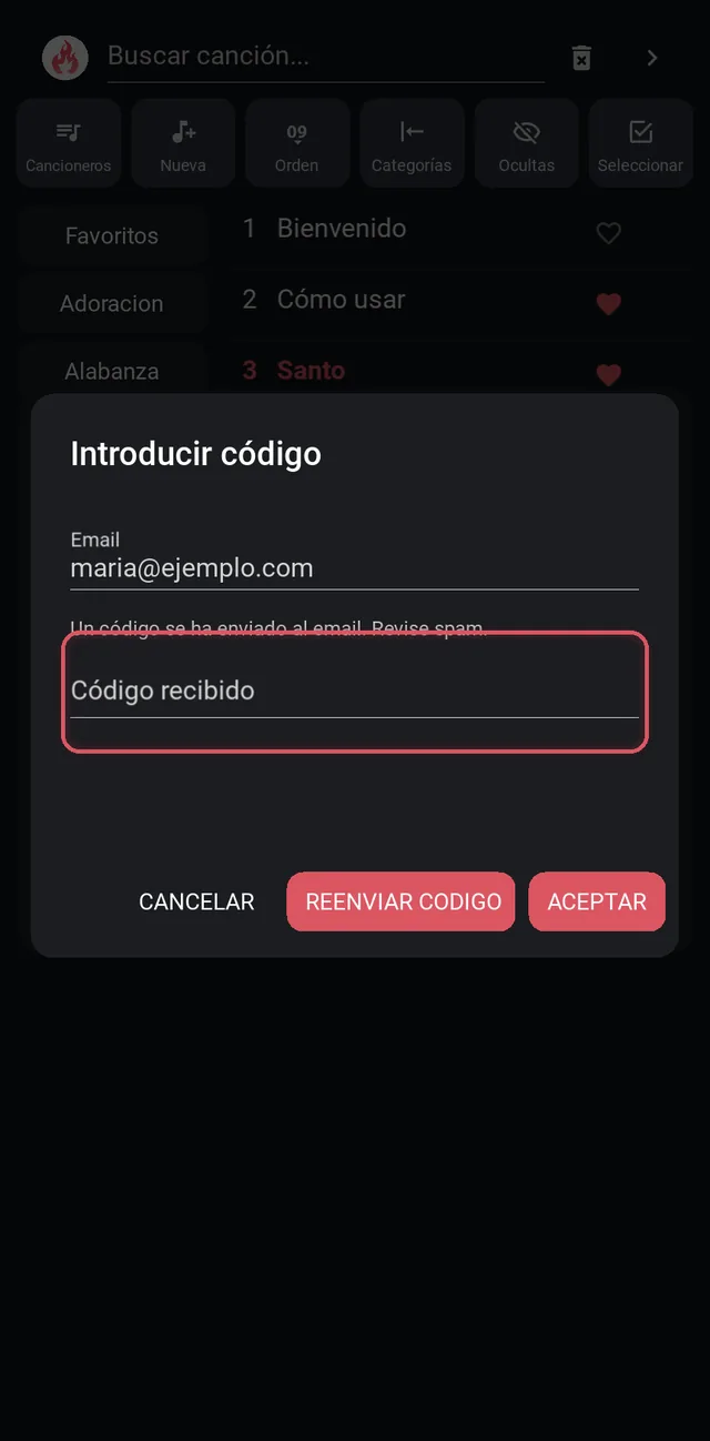 Ventana para introducir el código recibido por email