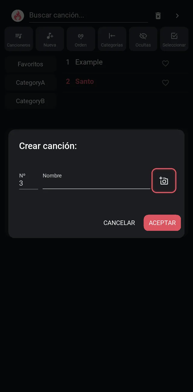 Ventana Crear canción con el icono de la cámara resaltado