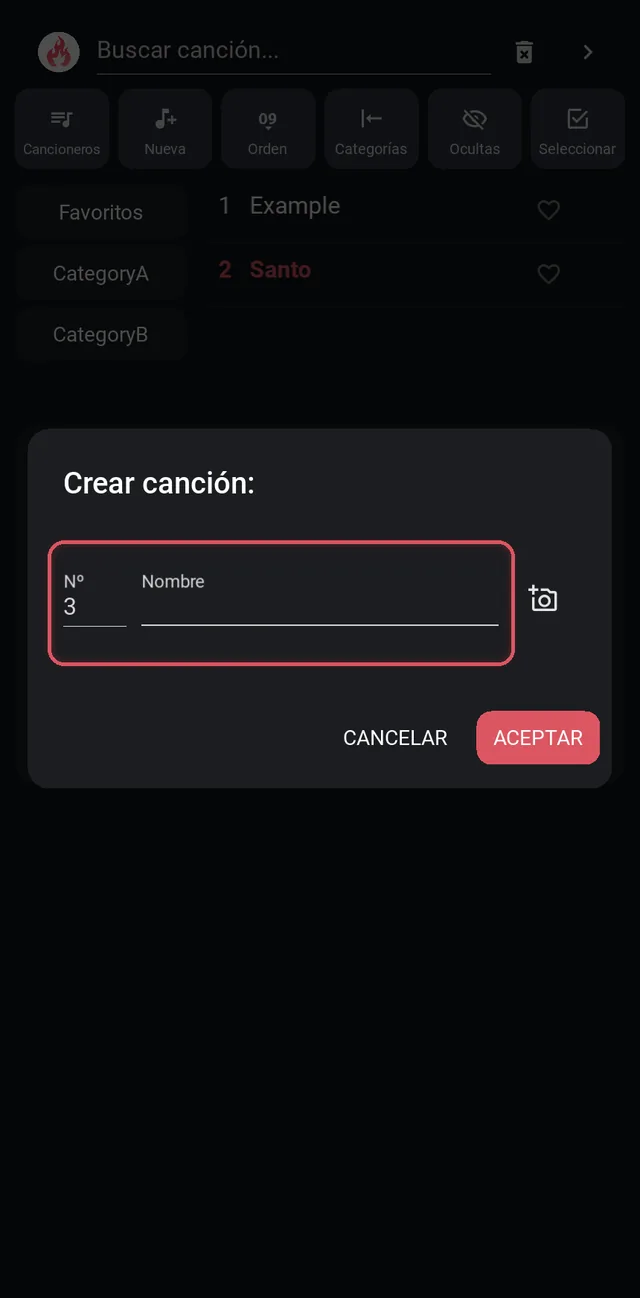 Ventana Crear canción con el número y el nombre resaltados