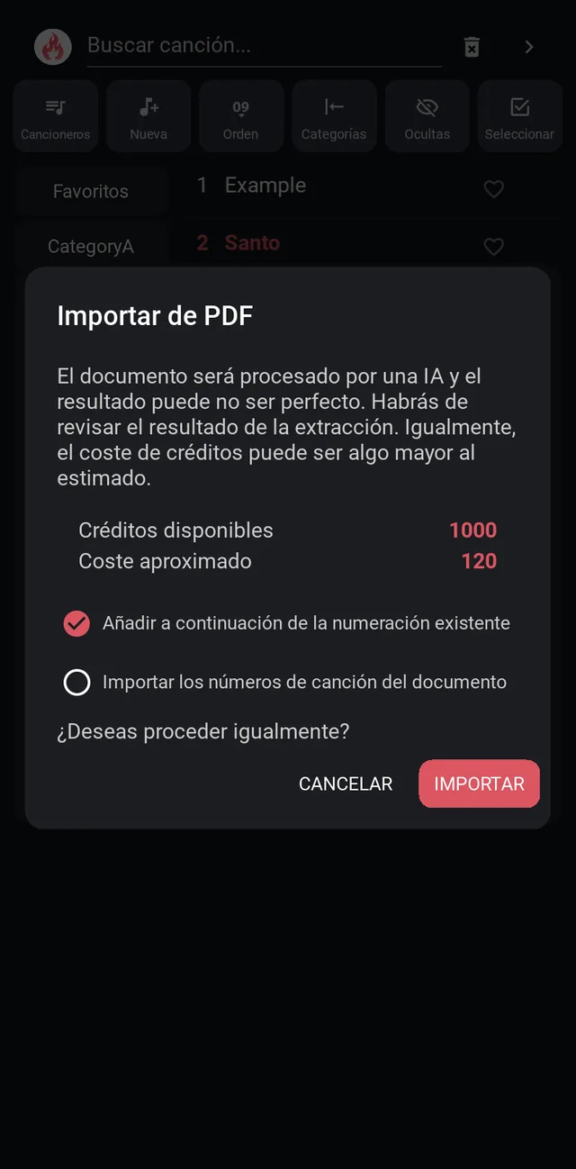 Aviso antes de importar con créditos, coste y numeración