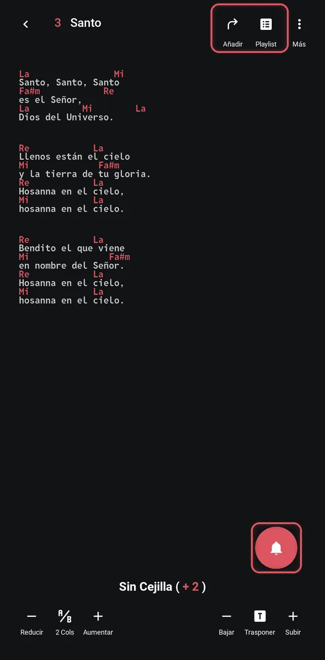 Canción con Añadir, Playlist y la campana del modo Maestro resaltados