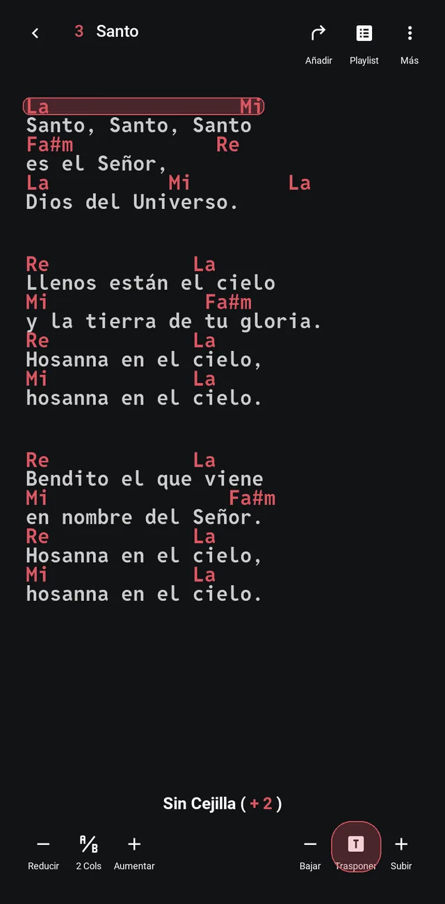 Acordes transpuestos dos semitonos con la T resaltada