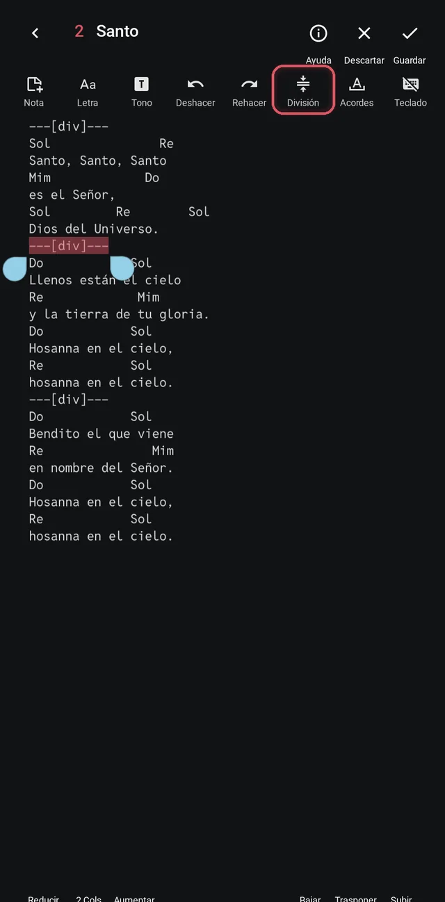 Canción con una división entre dos estrofas