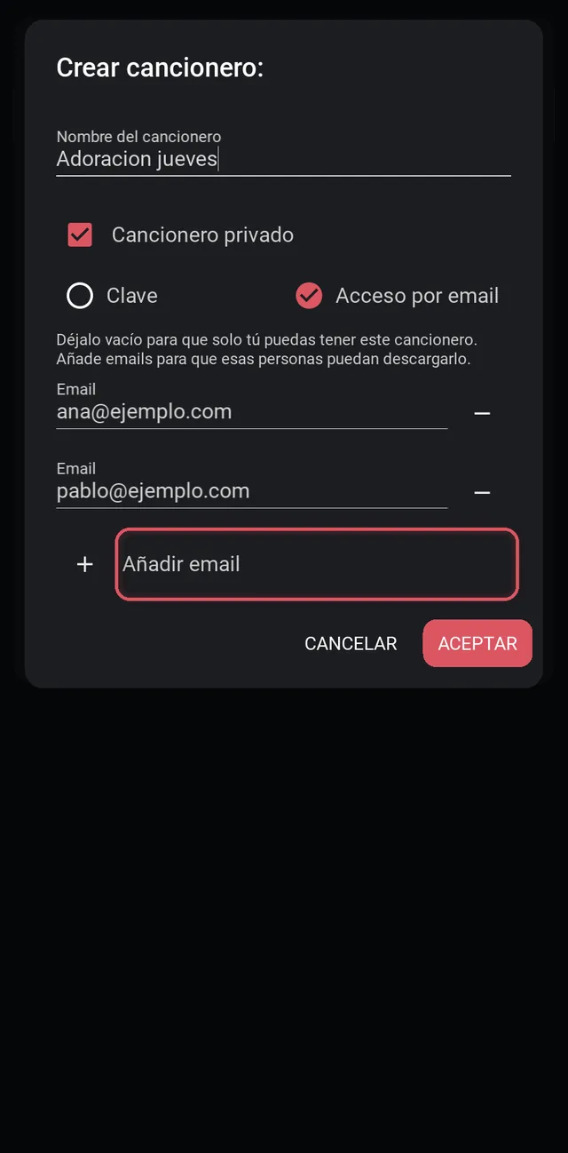 Crear cancionero privado con acceso por email